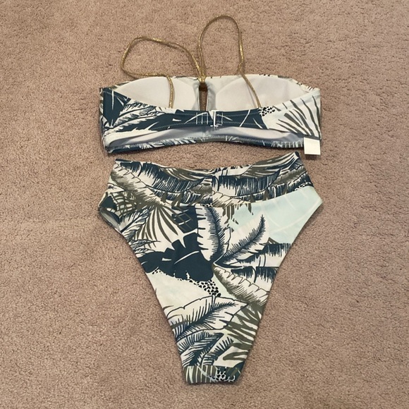 NWT two-piece bikini bandeau keyhole & high waist cheeky green palm aerie swim - Picture 9 of 9